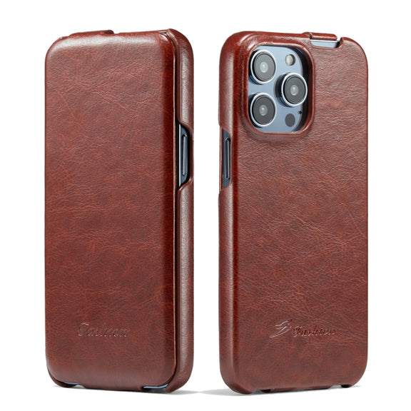 For iPhone 14 Pro Max Fierre Shann Oil Wax Texture Vertical Flip PU Phone Case (Brown)
