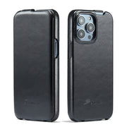 For iPhone 14 Pro Max Fierre Shann Oil Wax Texture Vertical Flip PU Phone Case (Black)