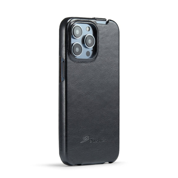 For iPhone 14 Pro Max Fierre Shann Oil Wax Texture Vertical Flip PU Phone Case (Black)