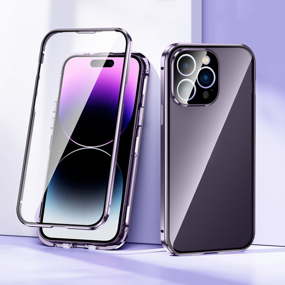 For iPhone 14 Pro Max Magnetic Double-buckle HD Tempered Glass Phone Case (Purple)