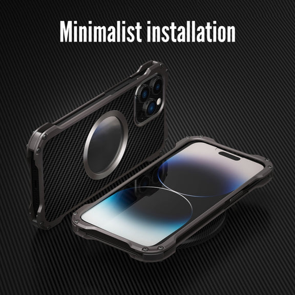 For iPhone 14 Pro Max R-JUST RJ51 Hollow Shockproof Metal Phone Case (Dark Grey)