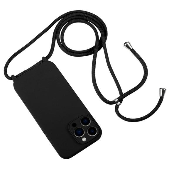 For iPhone 13 Pro Max Crossbody Lanyard Liquid Silicone Case(Black)