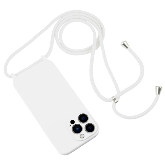 For iPhone 13 Pro Max Crossbody Lanyard Liquid Silicone Case(White)