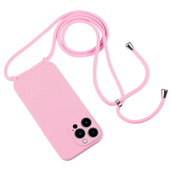 For iPhone 13 Pro Max Crossbody Lanyard Liquid Silicone Case(Pink)