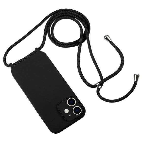 For iPhone 12 Crossbody Lanyard Liquid Silicone Case(Black)
