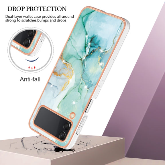 For Samsung Galaxy Z Flip4 Electroplating Marble Pattern IMD TPU Phone Case(Green 003)