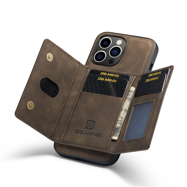 For iPhone 14 Pro DG.MING M2 Series 3-Fold Card Bag Leather Case(Coffee)