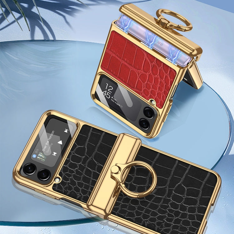 For Samsung Galaxy Z Flip4 GKK Integrated Plating + Leather Flip Phone Case(Crocodile Black)