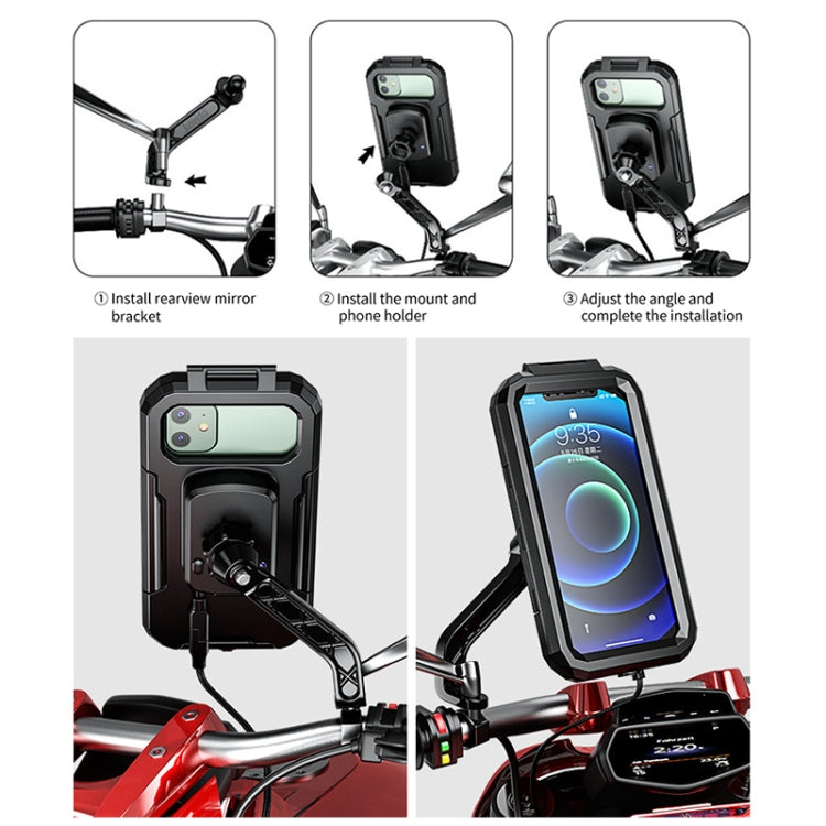 Kewig M18S-A2 Motorcycle / Bicycle Rearview Mirror Wireless Charging Water-resistant Box Mobile Phone Holder