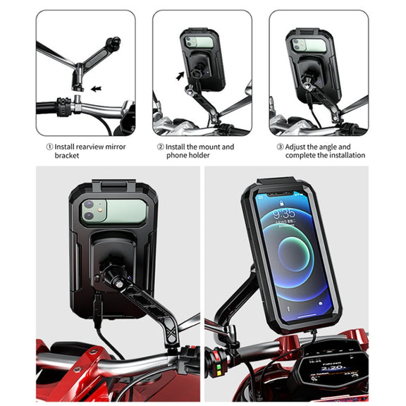 Kewig M18S-A2 Motorcycle / Bicycle Rearview Mirror Wireless Charging Water-resistant Box Mobile Phone Holder