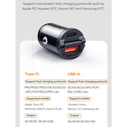 ROCK C13-F H18 Mini Portable Dual Port USB + USB-C / Type-C Car Fast Charger