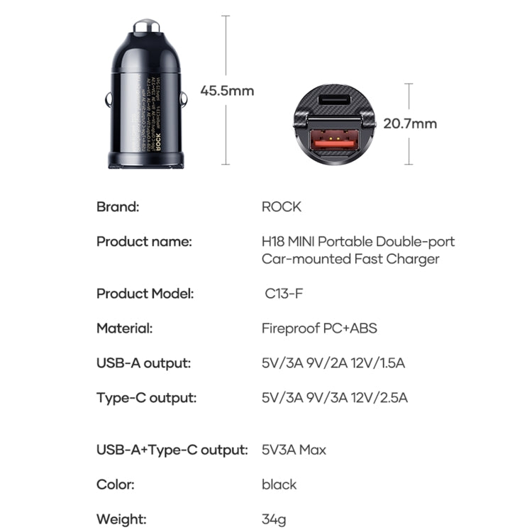 ROCK C13-F H18 Mini Portable Dual Port USB + USB-C / Type-C Car Fast Charger