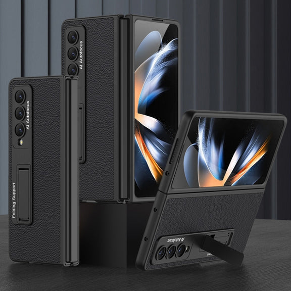 For Samsung Galaxy Z Fold4 GKK Ultra-thin Plain Leather Full Phone Case with Stand(Black)