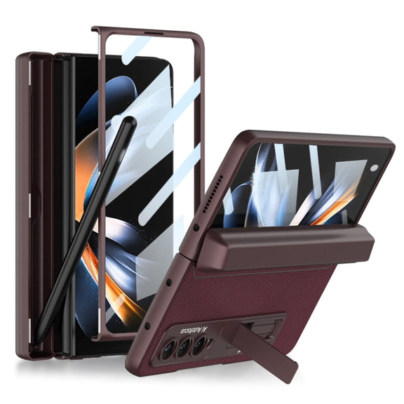 For Samsung Galaxy Z Fold4 GKK Integrated Magnetic Flip Plain Leather Phone Case with Pen Box(Wine Red)