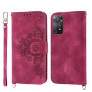 For Xiaomi Redmi Note 11 Pro Skin-feel Flowers Embossed Wallet Leather Phone Case(Wine Red)
