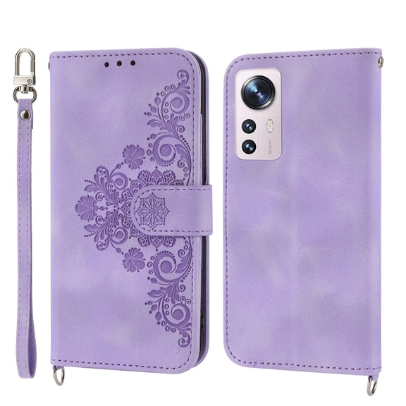 For Xiaomi 12 / 12X Skin-feel Flowers Embossed Wallet Leather Phone Case(Purple)