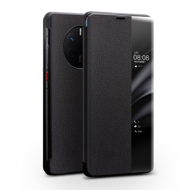 For Huawei Mate 50 Pro QIALINO Genuine Leather Side Window View Smart Phone Case(Black)