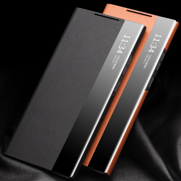 For Samsung Galaxy Note20 Ultra QIALINO Genuine Leather Side Window View Smart Phone Case(Black)