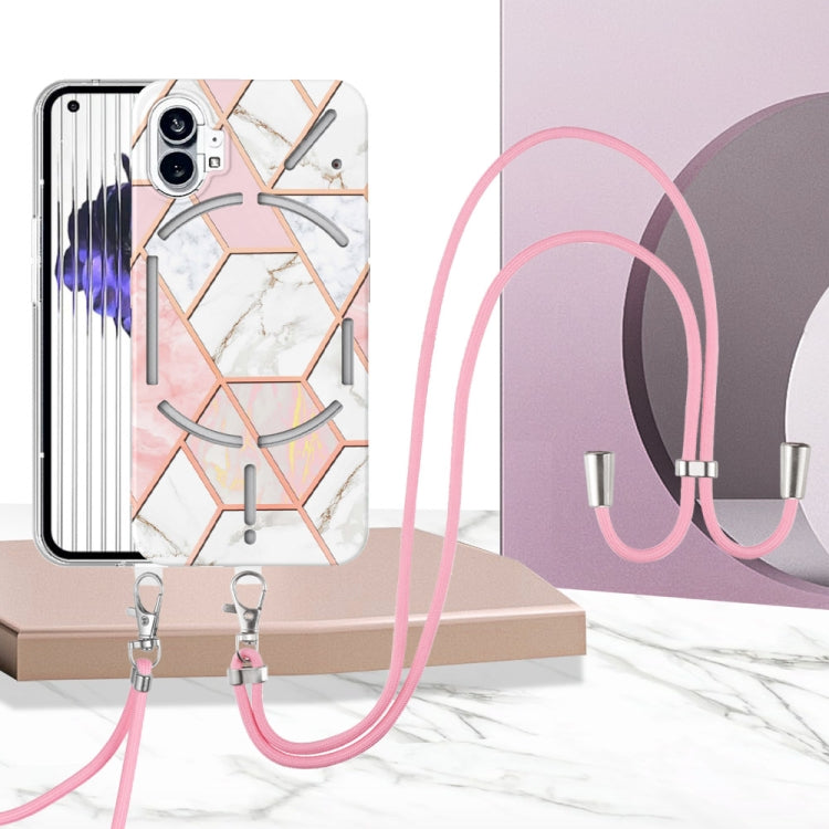 For Nothing Phone 1 Electroplating Splicing Marble TPU Phone Case with Lanyard(Pink White)