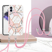 For Nothing Phone 1 Electroplating Splicing Marble TPU Phone Case with Lanyard(Pink White)