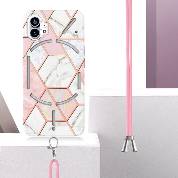 For Nothing Phone 1 Electroplating Splicing Marble TPU Phone Case with Lanyard(Pink White)