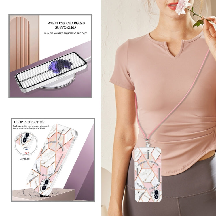 For Nothing Phone 1 Electroplating Splicing Marble TPU Phone Case with Lanyard(Pink White)