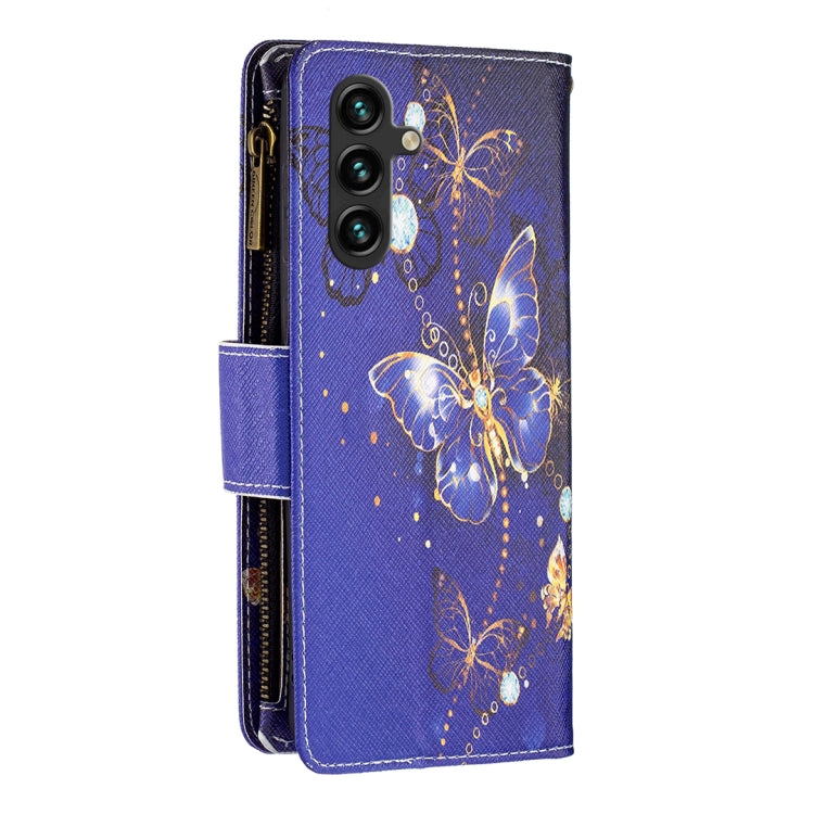For Samsung Galaxy A14 5G Colored Drawing Pattern Zipper Leather Phone Case(Purple Butterfly)