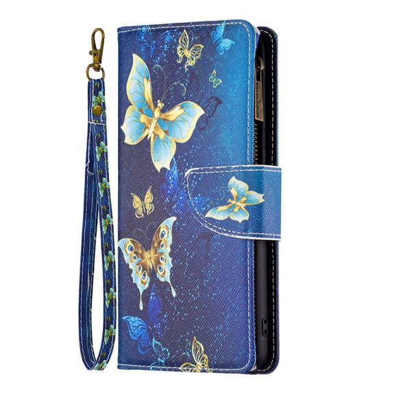 For Samsung Galaxy A14 5G Colored Drawing Pattern Zipper Leather Phone Case(Gold Butterfly)