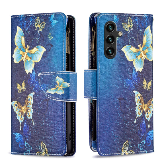 For Samsung Galaxy A14 5G Colored Drawing Pattern Zipper Leather Phone Case(Gold Butterfly)