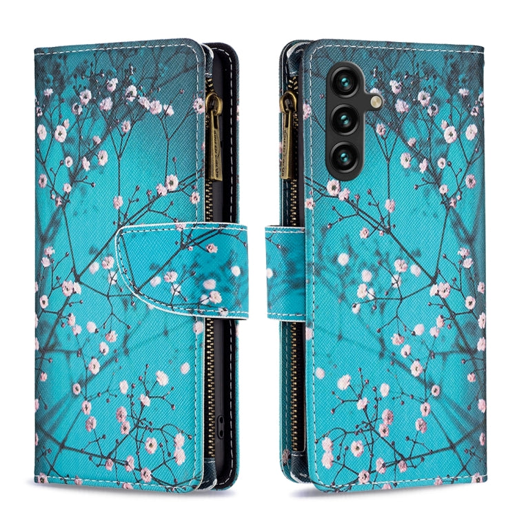 For Samsung Galaxy A14 5G Colored Drawing Pattern Zipper Leather Phone Case(Plum Blossom)