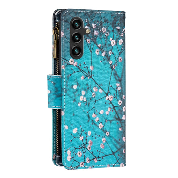 For Samsung Galaxy A14 5G Colored Drawing Pattern Zipper Leather Phone Case(Plum Blossom)