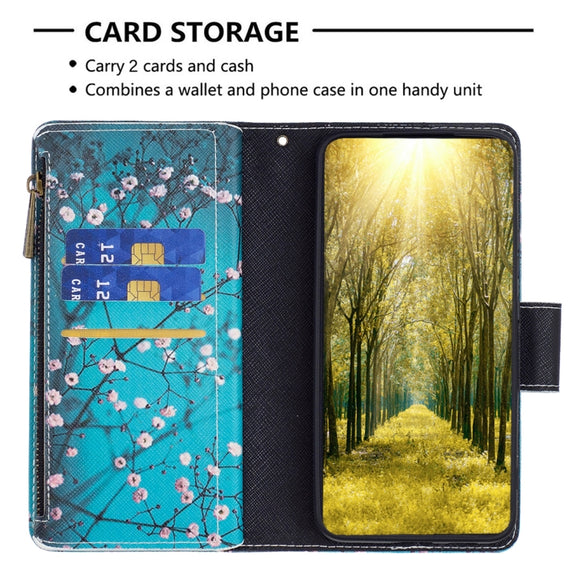 For Samsung Galaxy A14 5G Colored Drawing Pattern Zipper Leather Phone Case(Plum Blossom)
