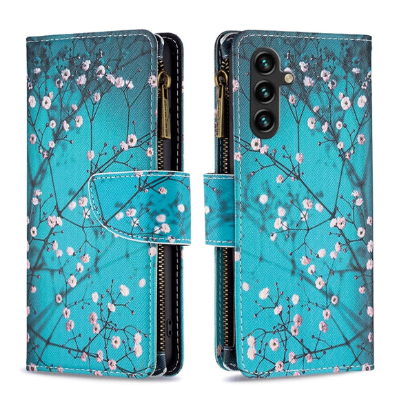 For Samsung Galaxy A14 5G Colored Drawing Pattern Zipper Leather Phone Case(Plum Blossom)
