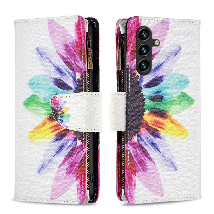 For Samsung Galaxy A14 5G Colored Drawing Pattern Zipper Leather Phone Case(Sun Flower)