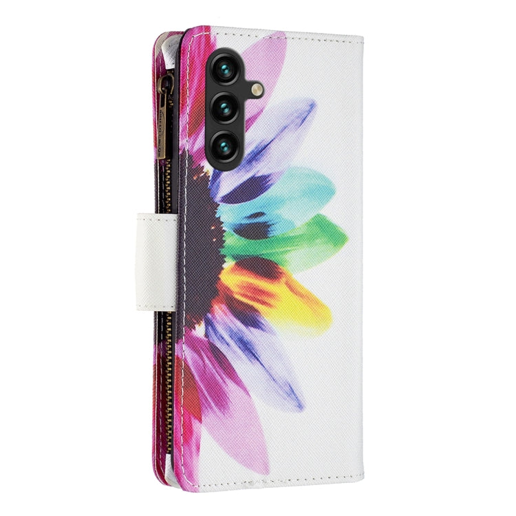 For Samsung Galaxy A14 5G Colored Drawing Pattern Zipper Leather Phone Case(Sun Flower)
