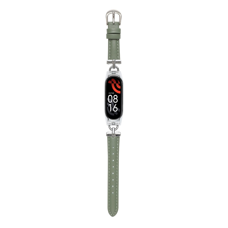 For Xiaomi Mi Band 5 / 6 D-shaped Steel + Genuine Leather Watch Band(Silver Green)
