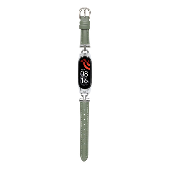 For Xiaomi Mi Band 5 / 6 D-shaped Steel + Genuine Leather Watch Band(Silver Green)