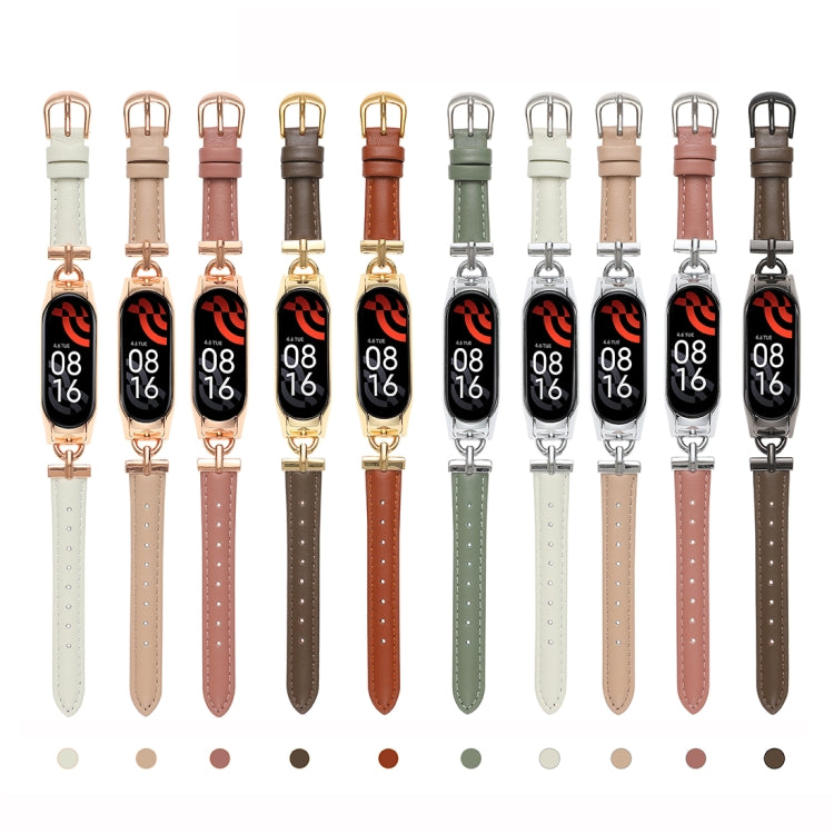 For Xiaomi Mi Band 5 / 6 D-shaped Steel + Genuine Leather Watch Band(Silver Green)
