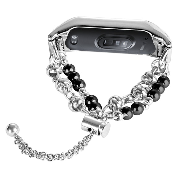 For Xiaomi Mi Band 3 / 4 Double Pearl Bead String Metal Watch Band(Silver Black)