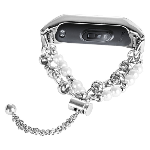 For Xiaomi Mi Band 5 / 6 Double Pearl Bead String Metal Watch Band(Silver)