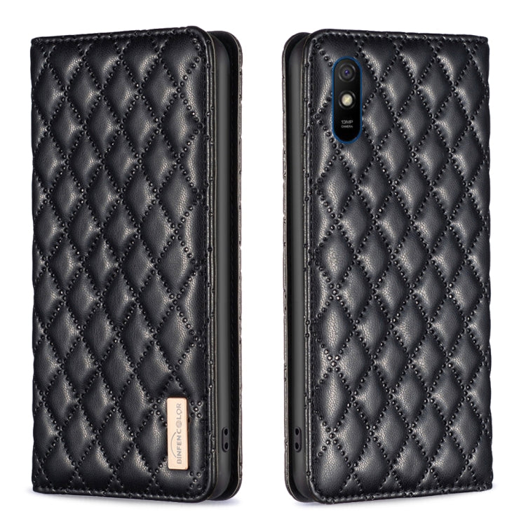 For Xiaomi Redmi 9A Diamond Lattice Magnetic Leather Flip Phone Case(Black)