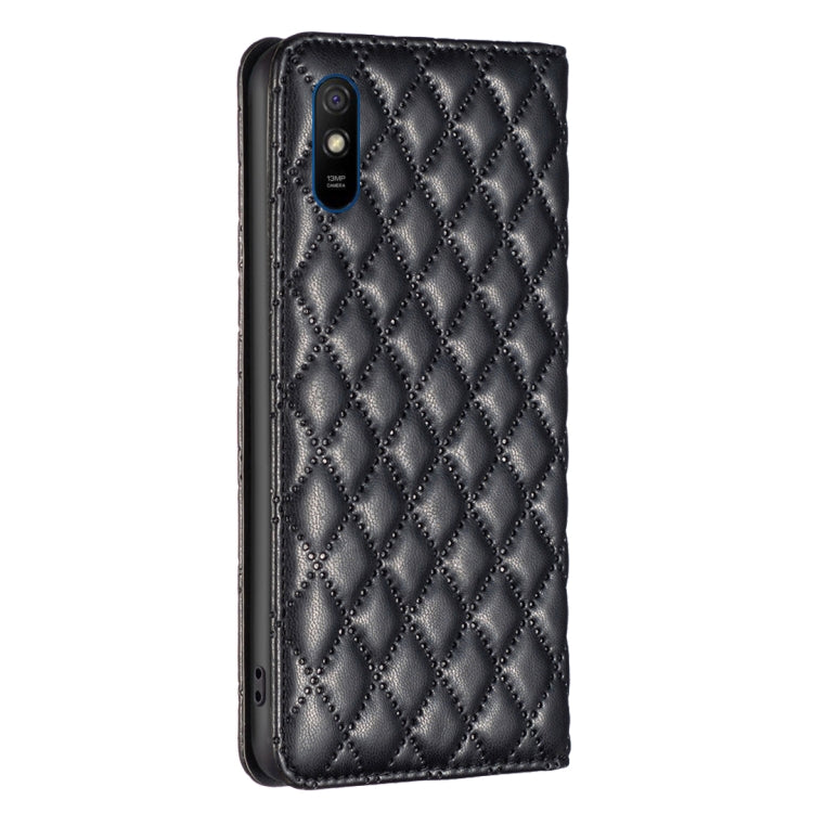 For Xiaomi Redmi 9A Diamond Lattice Magnetic Leather Flip Phone Case(Black)