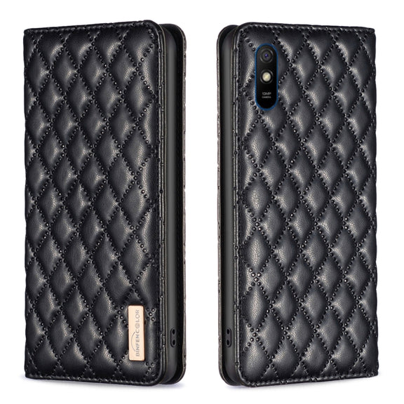 For Xiaomi Redmi 9A Diamond Lattice Magnetic Leather Flip Phone Case(Black)