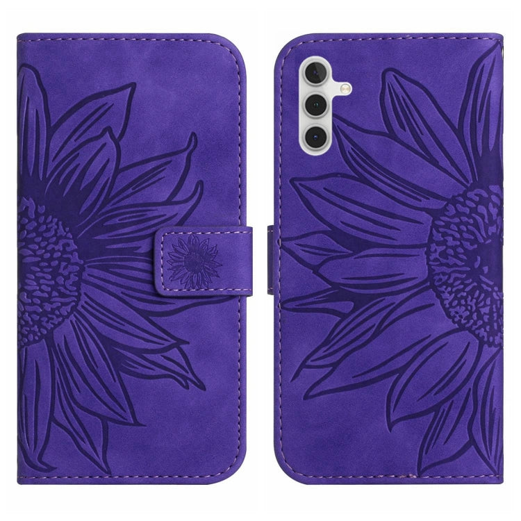 For Samsung Galaxy A14 5G Skin Feel Sun Flower Pattern Flip Leather Phone Case with Lanyard(Dark Purple)