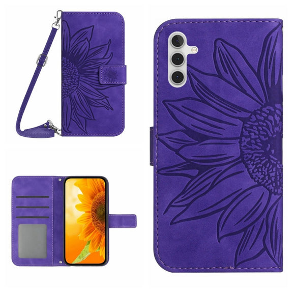 For Samsung Galaxy A14 5G Skin Feel Sun Flower Pattern Flip Leather Phone Case with Lanyard(Dark Purple)