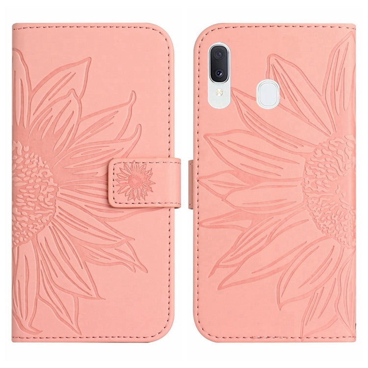 For Samsung Galaxy A30/A20/M10S Skin Feel Sun Flower Pattern Flip Leather Phone Case with Lanyard(Pink)