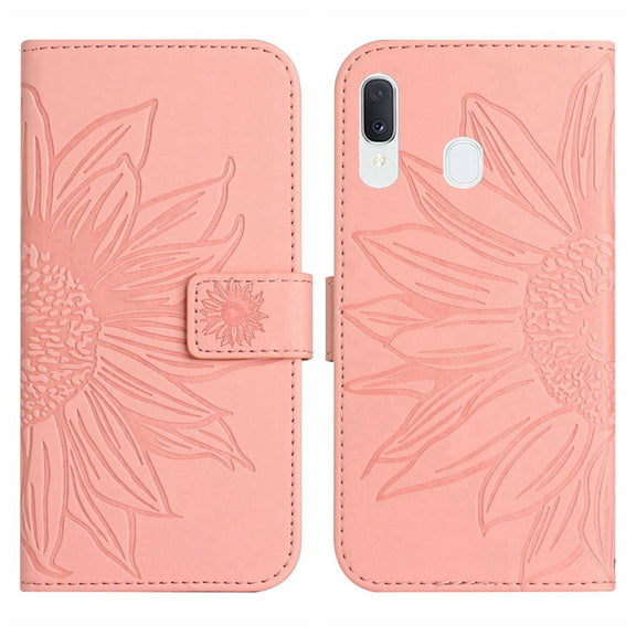 For Samsung Galaxy A30/A20/M10S Skin Feel Sun Flower Pattern Flip Leather Phone Case with Lanyard(Pink)