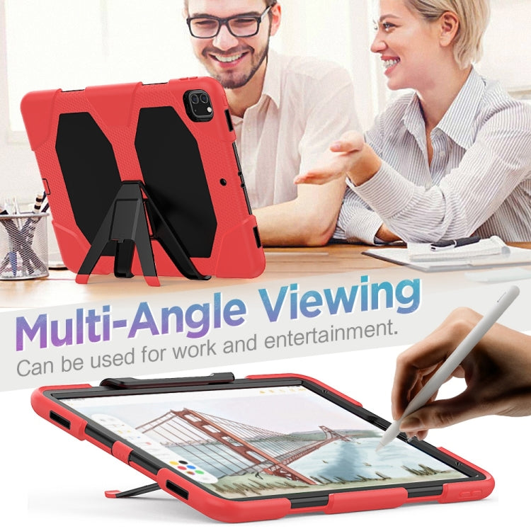 For iPad Pro 12.9 inch (2020) Shockproof Colorful Silicon + PC Protective Tablet Case with Holder & Shoulder Strap & Hand Strap (Red)