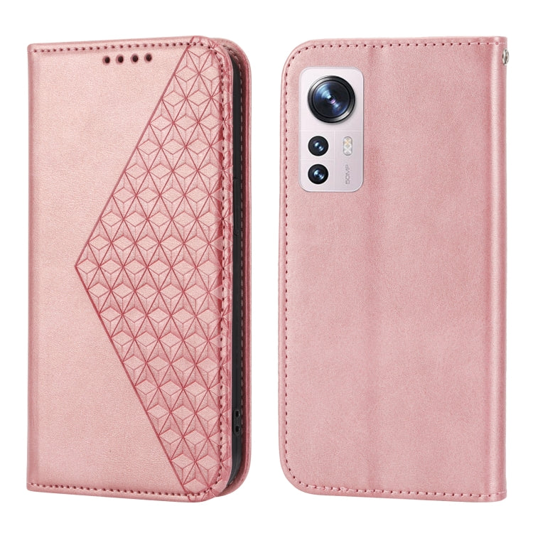 For Xiaomi 12/12X/12S Cubic Grid Calf Texture Magnetic Closure Leather Phone Case(Rose Gold)