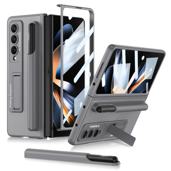 For Samsung Galaxy Z Fold4 GKK Ultra-thin Shockproof Leather Protective Case with Holder & Pen Slots(Grey)